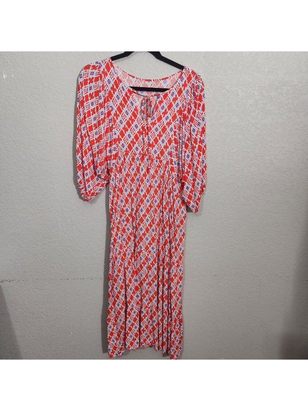 Boho Geometric Print Midi Dress Puff Sleeves Tie Neckline Large Peasant